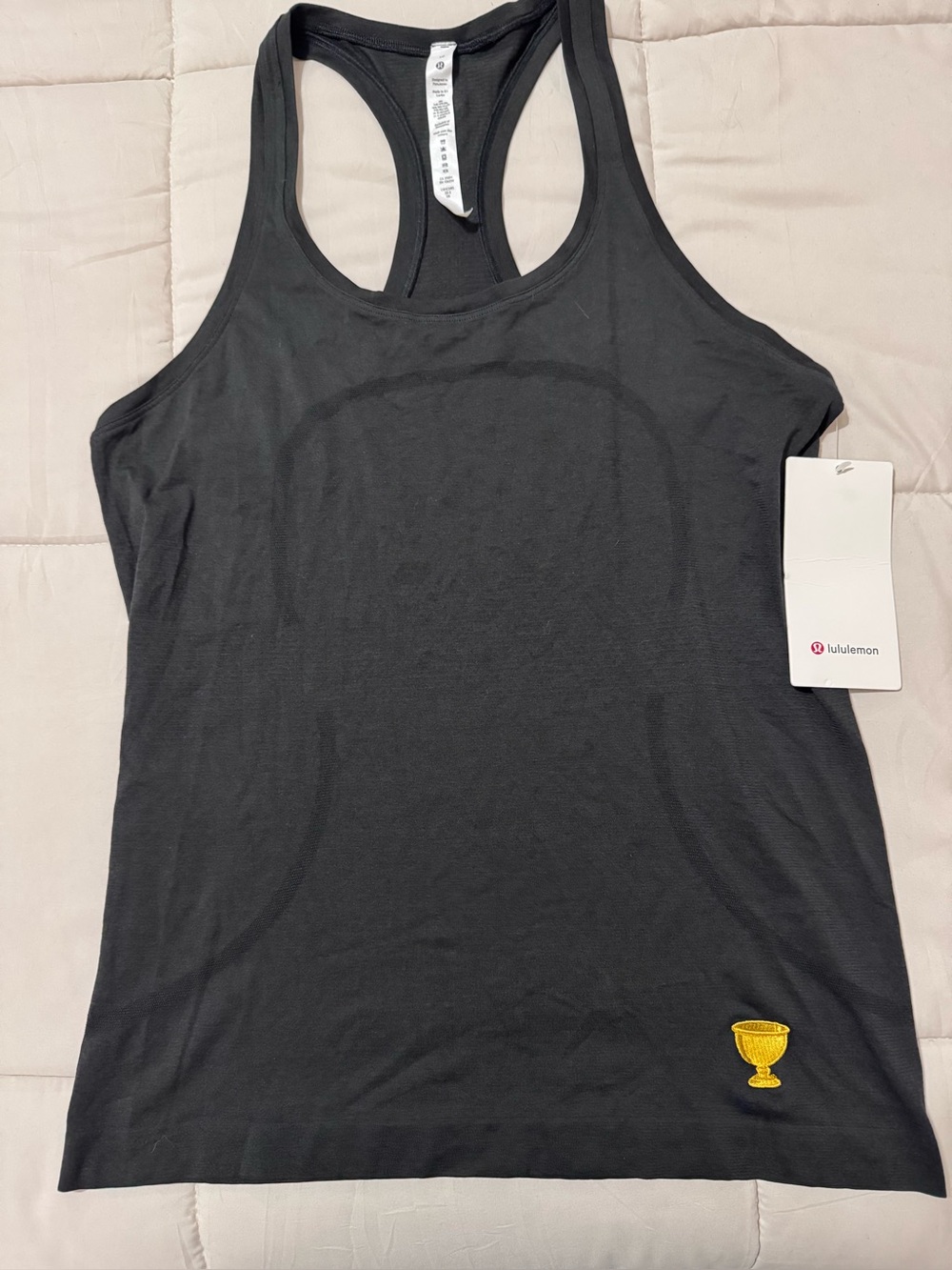 lululemon athletica Black Racerback Tank with Yellow Trophy Embroidery